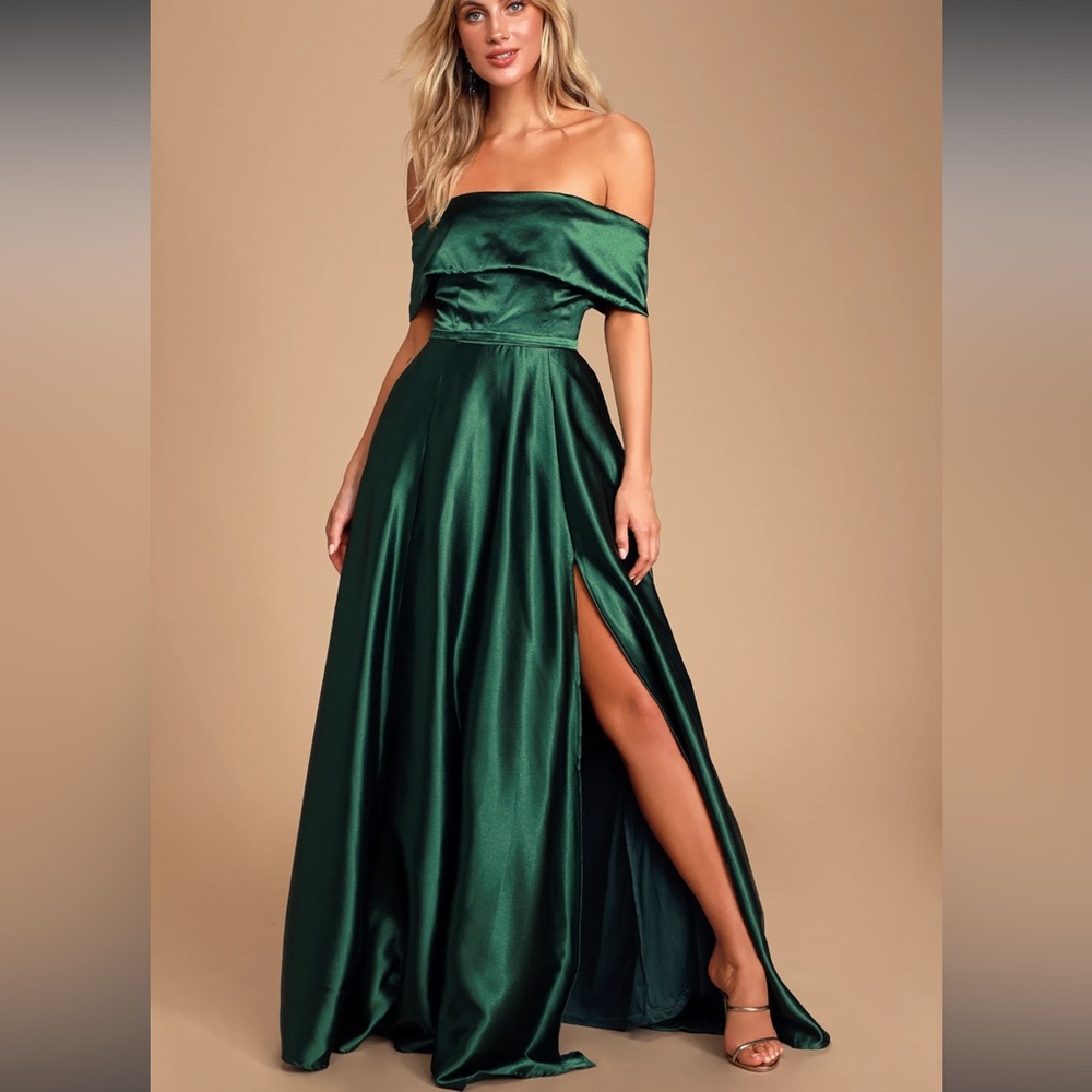 Lulus Greatest Hits Forest Green Sleek Satin Off-the-Shoulder Maxi Dress NWOT XL